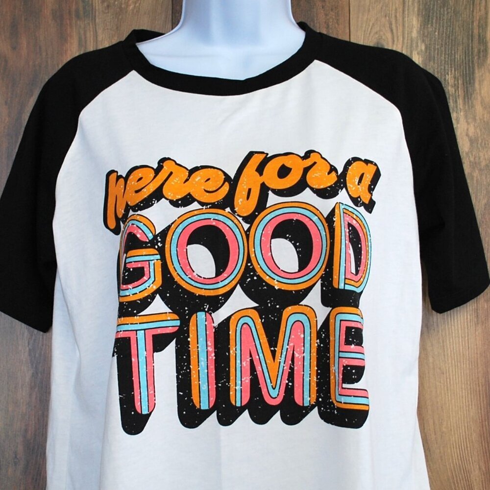 Women's L "Here for a Good Time" Tee Black White Tshirt - Picture 2 of 7